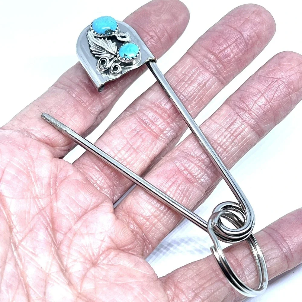 Giant Safety Pin Keyring Turquoise Leaf Key Chain Tag‎ 4in Navajo Mens Gift